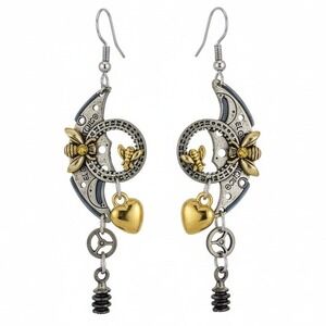 Steampunk Celestial Moon Heart Bee Dangle Drop Earrings‎